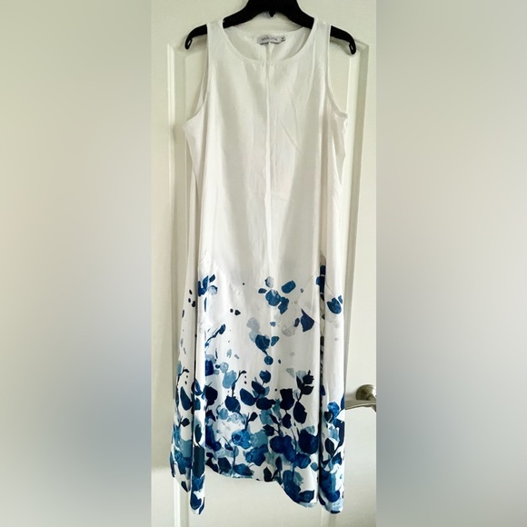 MISSLOOK Women’s White and Blue Floral w/2 Front Pockets Midi Dress-Size M - Picture 2 of 8